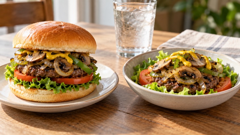 A hamburger with grilled onions, mushrooms, green peppers, lettuce, tomato and mustard on a bun, beside the same burger served bunless in a bowl over lettuce