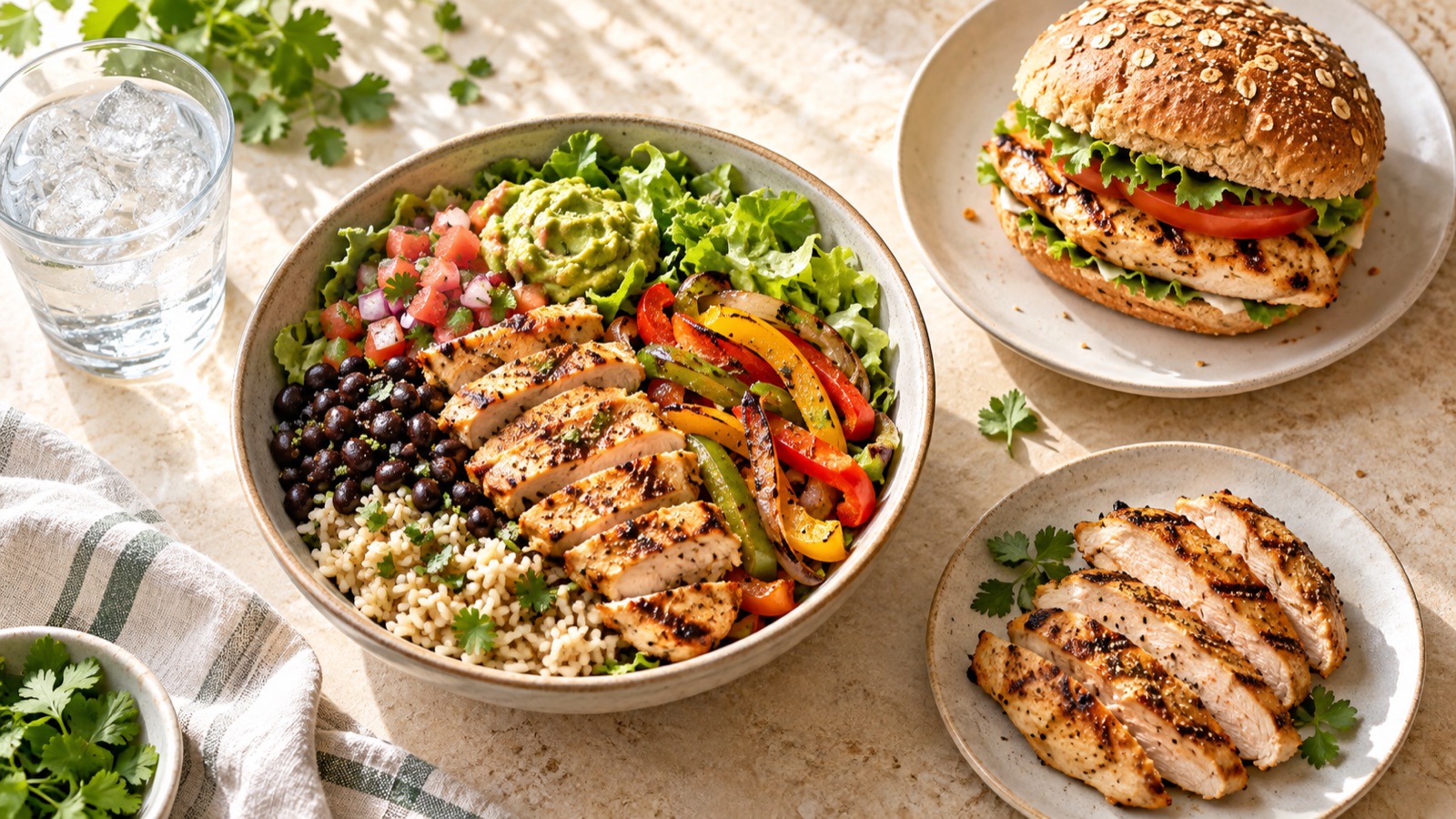A grilled chicken bowl with brown rice, black beans, fajita peppers, pico and guacamole, beside a grilled chicken sandwich on a multigrain bun and a plate of sliced grilled chicken