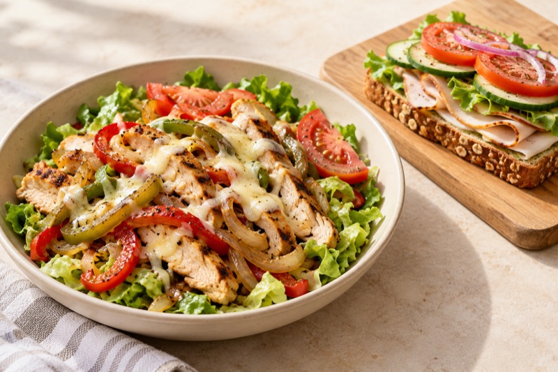 Grilled chicken with peppers, onions and melted cheese served in a bowl over lettuce and tomato, next to an open turkey sub on whole-grain bread